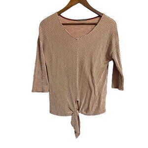 Gyft Womens Orange White Striped 3/4 Sleeve Tie Front Blouse Size Small